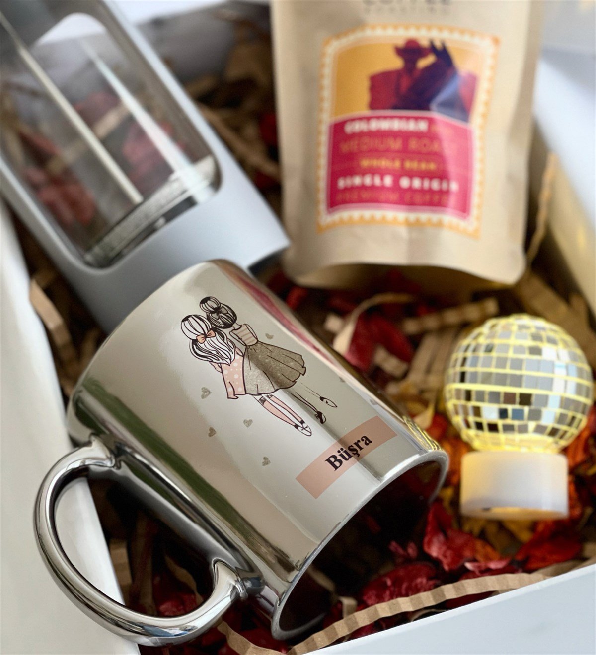 Kişiye Özel Kız Kardeş Gümüş Kupa French Press & Filitre Kahve Hediye SetiGiftmoda Gmhs100339