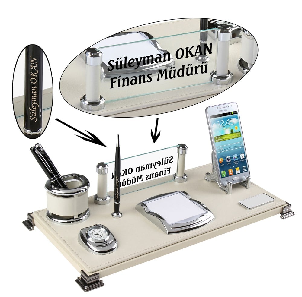 Kişiye Özel Krem Renk Deri Masa SetiGiftmodaPRZ-6031