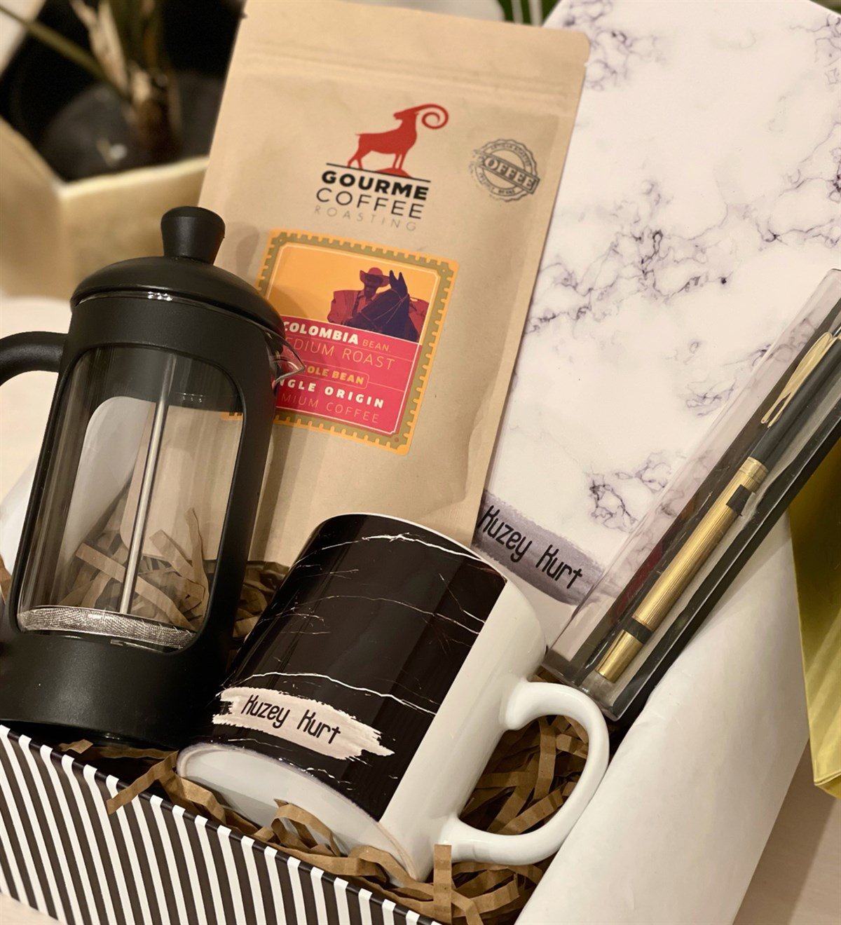 Kişiye Özel Mermer French Press & Filitre Kahve Sevgiliye Hediye SetiGiftmodaGmhs100205