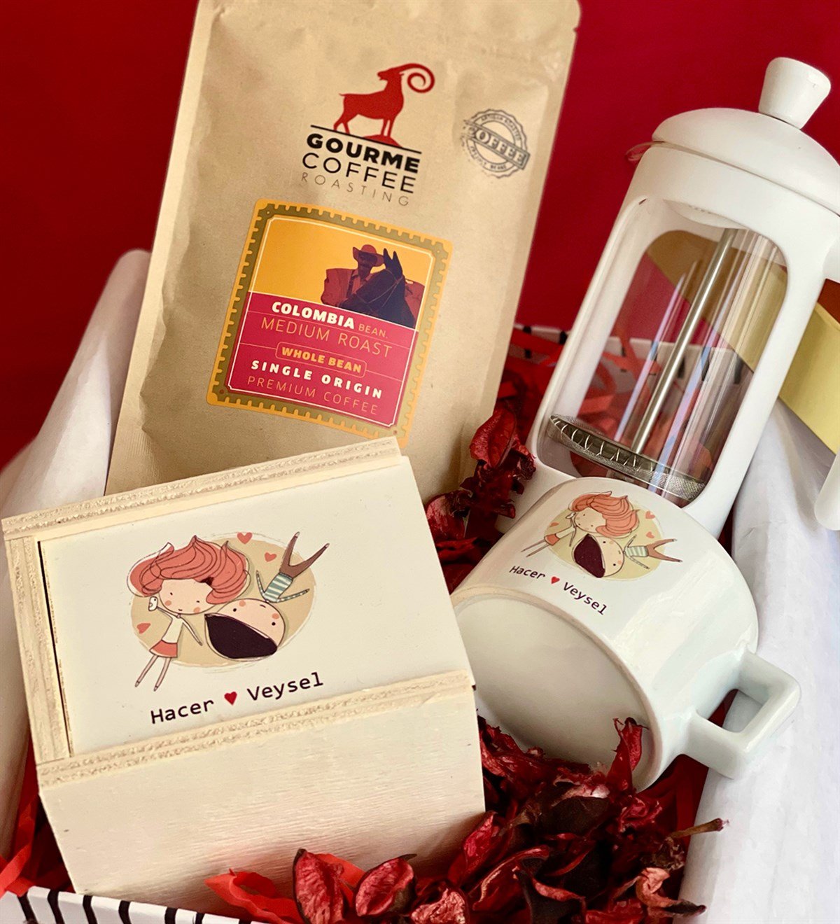 Kişiye Özel Ölümsüz Aşıklar French Press & Filtre Kahveli Sevgiliye Hediye SetiGiftmodaGmhs100173