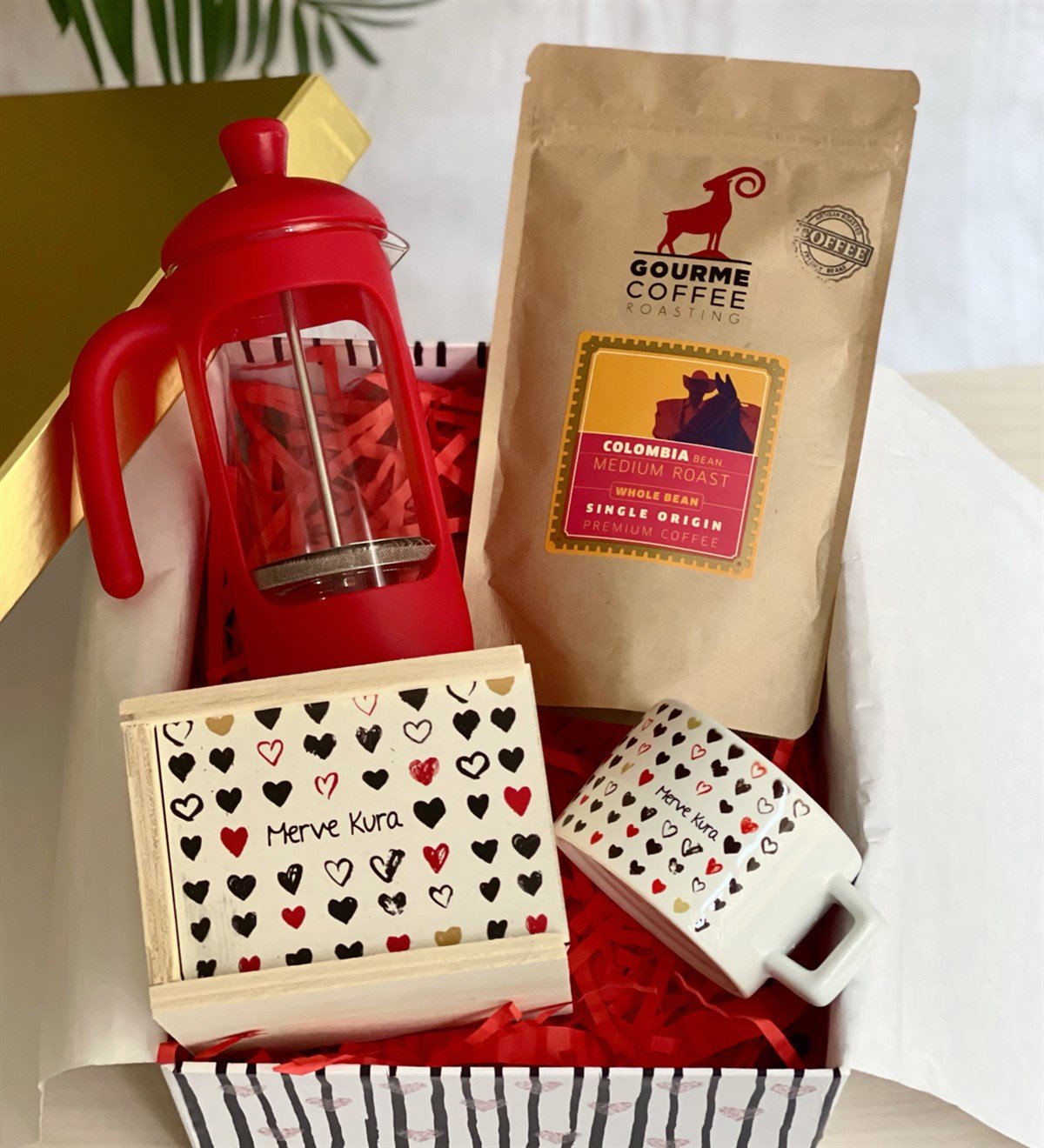 Kişiye Özel Seni Tüm Kalbimle Seviyorum French Press & Filtre Kahveli Sevgiliye Hediye SetiGiftmodaGmhs100181