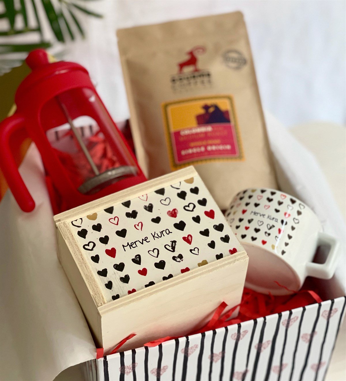 Kişiye Özel Seni Tüm Kalbimle Seviyorum French Press & Filtre Kahveli Sevgiliye Hediye SetiGiftmodaGmhs100181