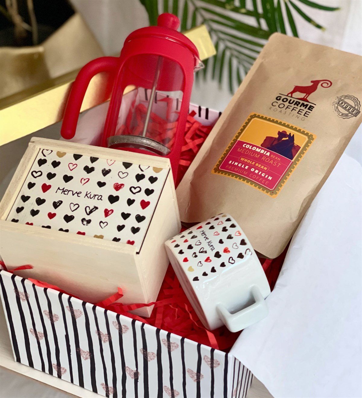 Kişiye Özel Seni Tüm Kalbimle Seviyorum French Press & Filtre Kahveli Sevgiliye Hediye SetiGiftmodaGmhs100181