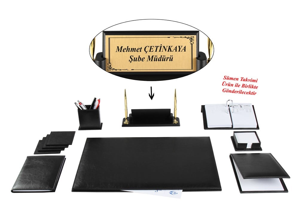 Kişiye Özel Siyah Deri Sümen Takımı Ve Ahşap İsimlikGiftmodaPRZ-1291