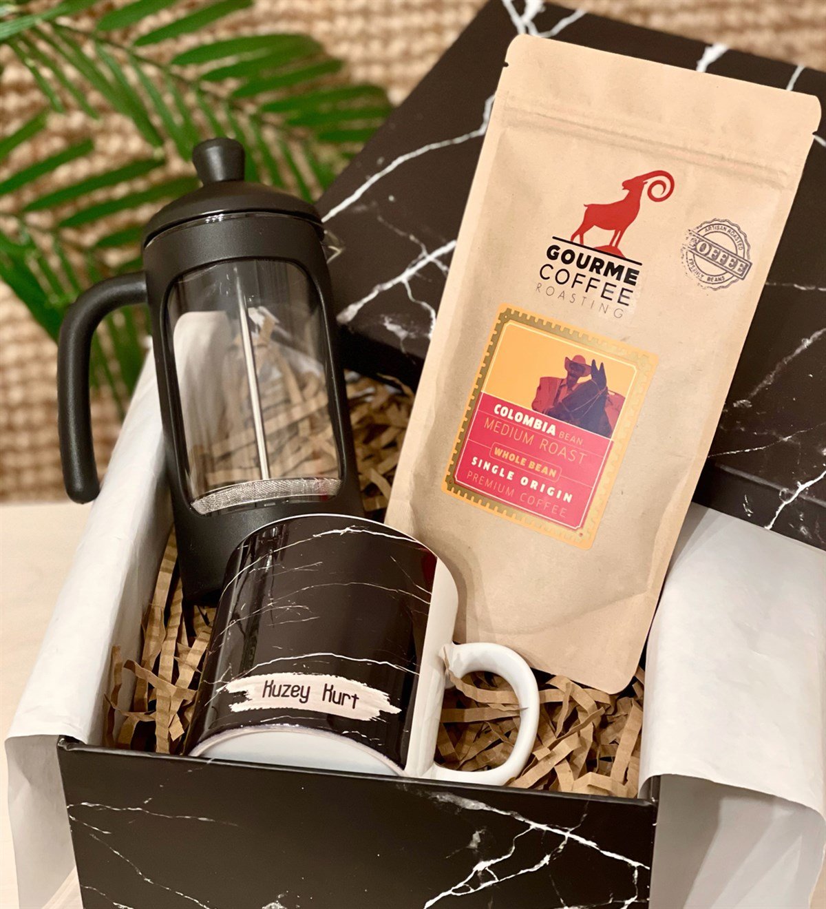 Kişiye Özel Siyah Mermer French Press & Filtre Kahveli Sevgiliye Hediye SetiGiftmodaGmhs100195