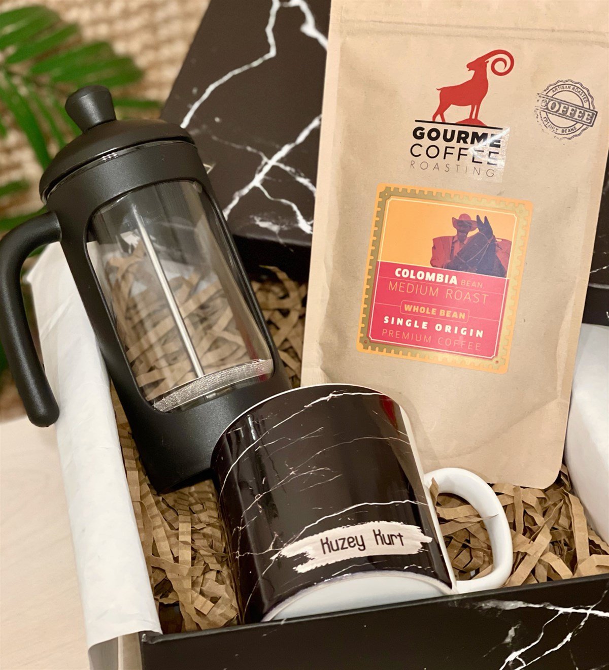 Kişiye Özel Siyah Mermer French Press & Filtre Kahveli Sevgiliye Hediye SetiGiftmodaGmhs100195