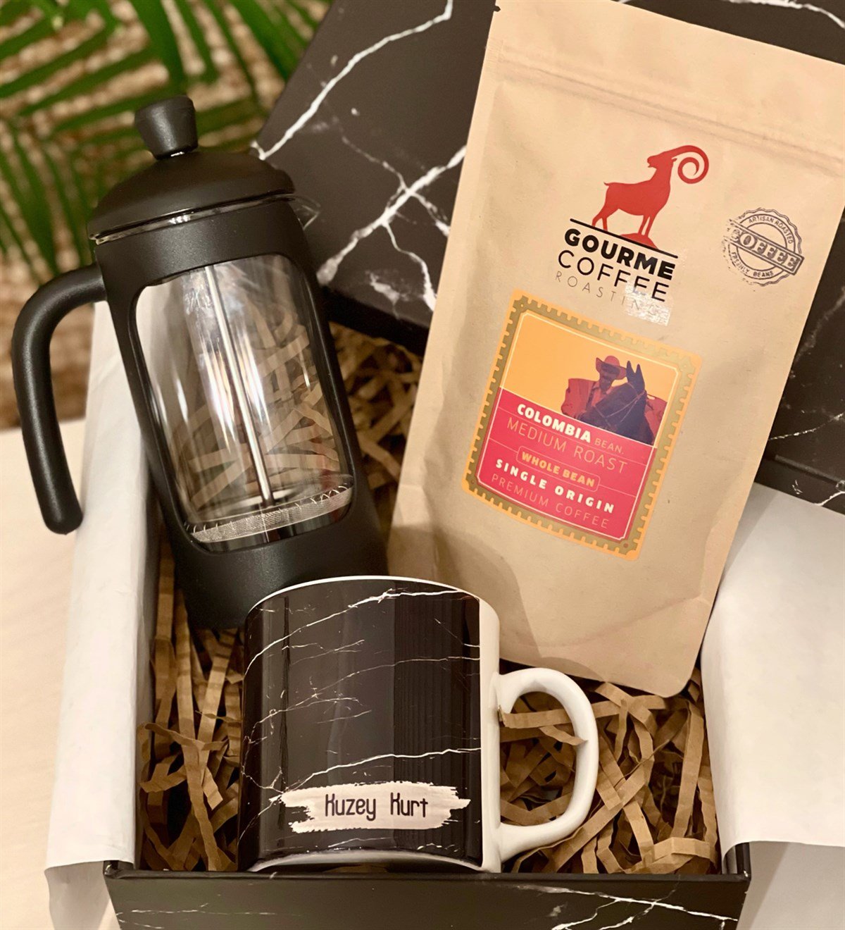 Kişiye Özel Siyah Mermer French Press & Filtre Kahveli Sevgiliye Hediye SetiGiftmodaGmhs100195