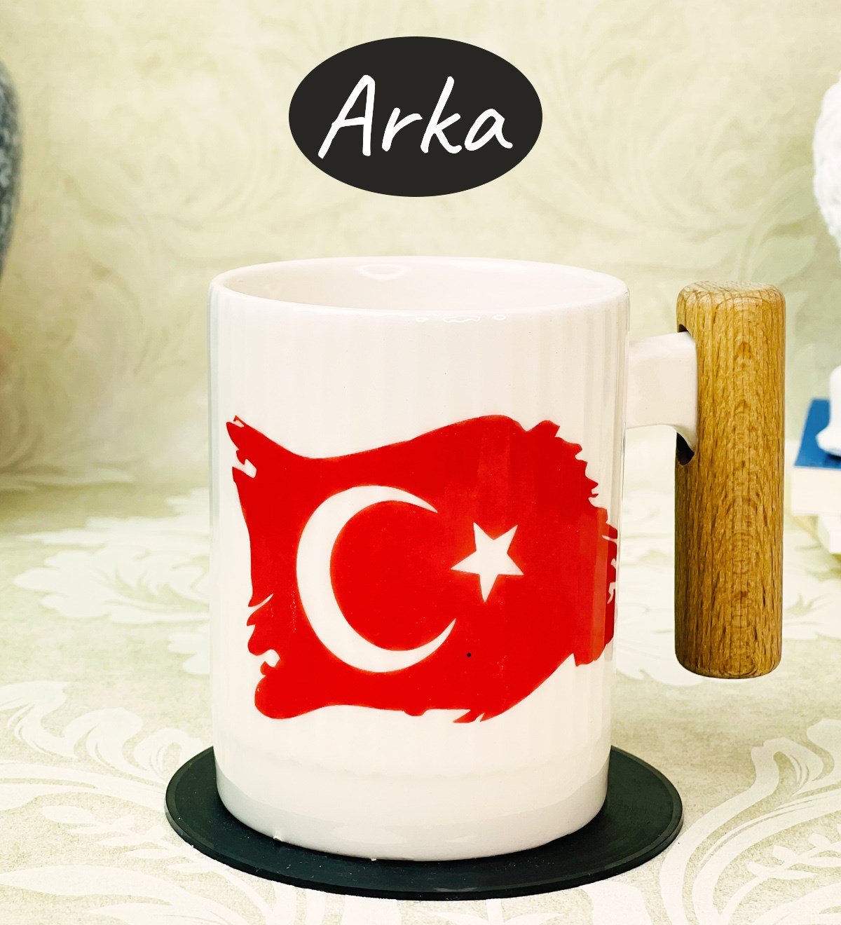 Ahşap Kulplu M.Kemal Atatürk Ve Türk Bayrağı Tasarımlı Seramik KupagiftmodaGmkp100320
