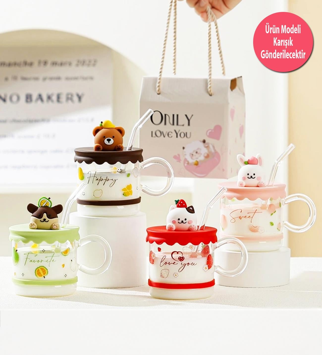 Sevimli Hayvan Figürlü Silikon Kapaklı Pipetli Cam KupagiftmodaBM-1627