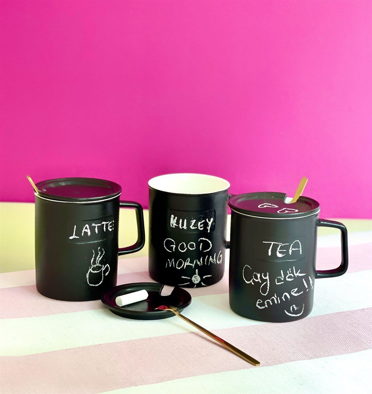 Siyah Porselen Kupa Tebeşir HediyeliGiftmodaGmkp100204