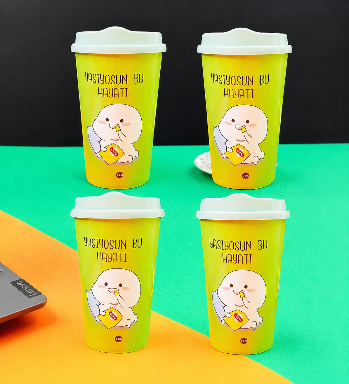 4'Lü Motto Tasarımlı Plastik Kahve BardağıgiftmodaBAM-103332
