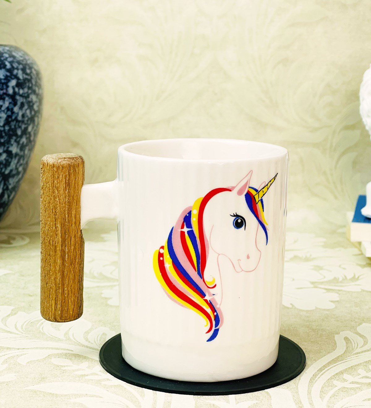 Ahşap Kulplu Unicorn Tasarımlı Seramik KupagiftmodaGmkp100322