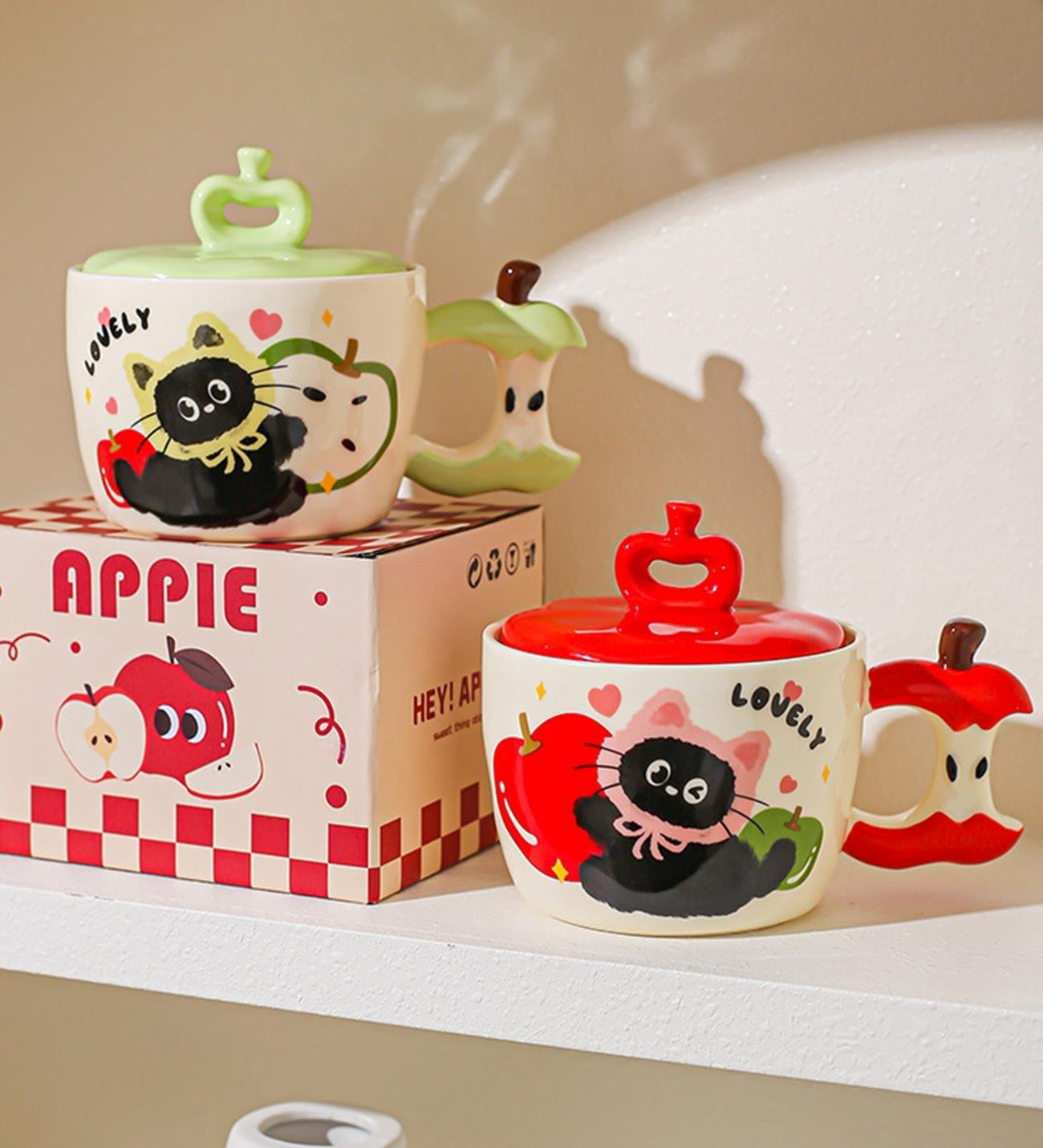 Sevimli Kedi Elma Temalı Seramik KupagiftmodaBM-1996