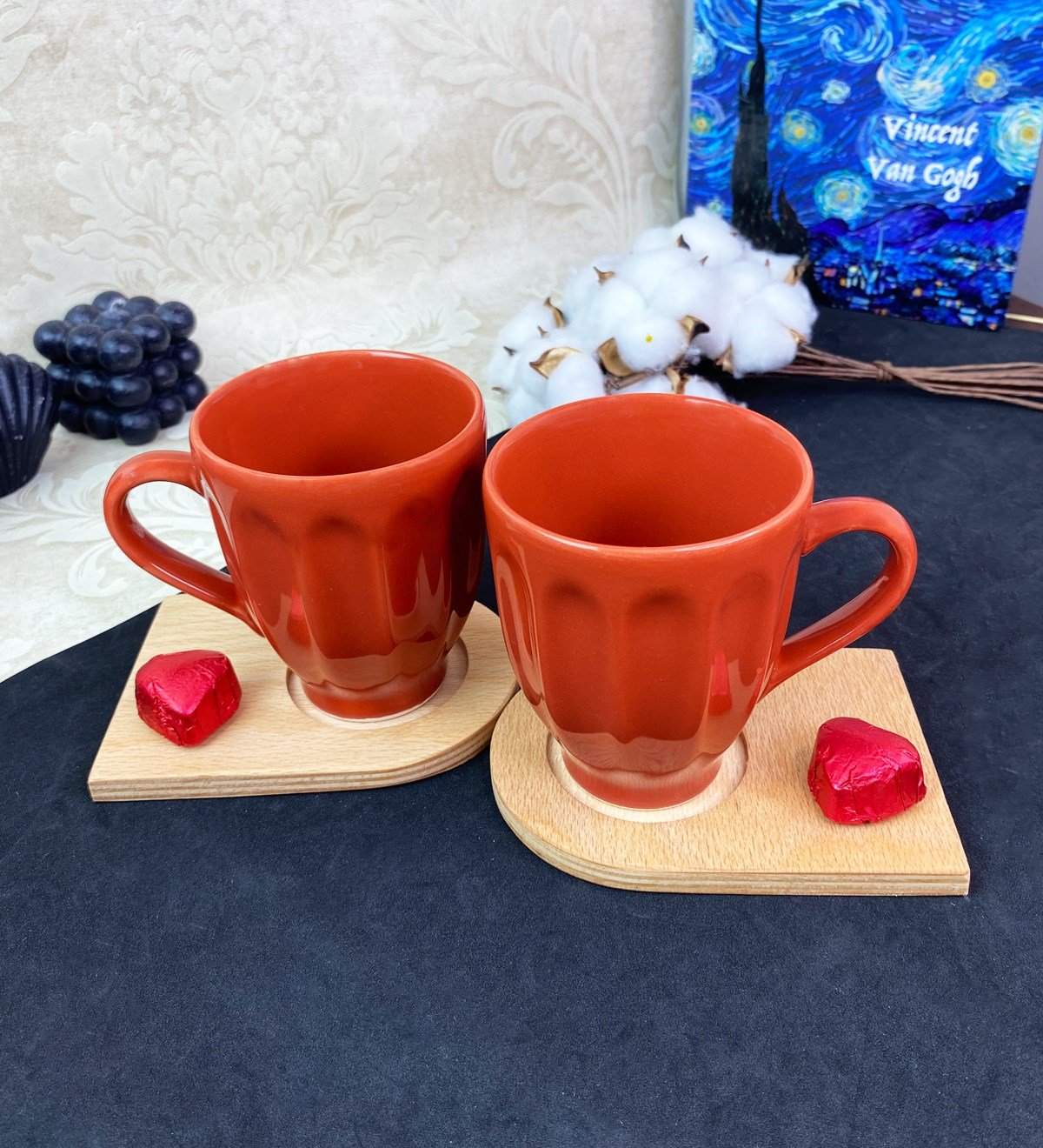 2'li Ahşap Servis Tabaklı Badem Kupa SetgiftmodaGmkp100580