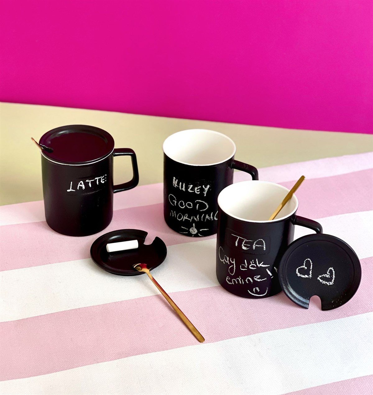 Siyah Porselen Kupa Tebeşir HediyeliGiftmodaGmkp100204