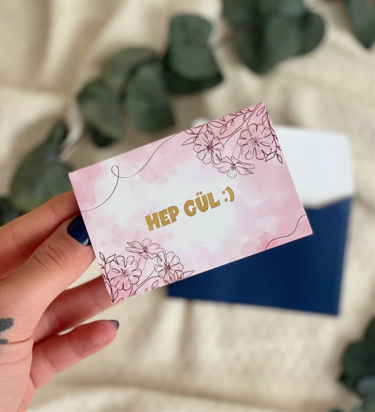 Hep Gül Tasarımlı Mavi Zarflı Mesaj KartıgiftmodaGmmsj00009