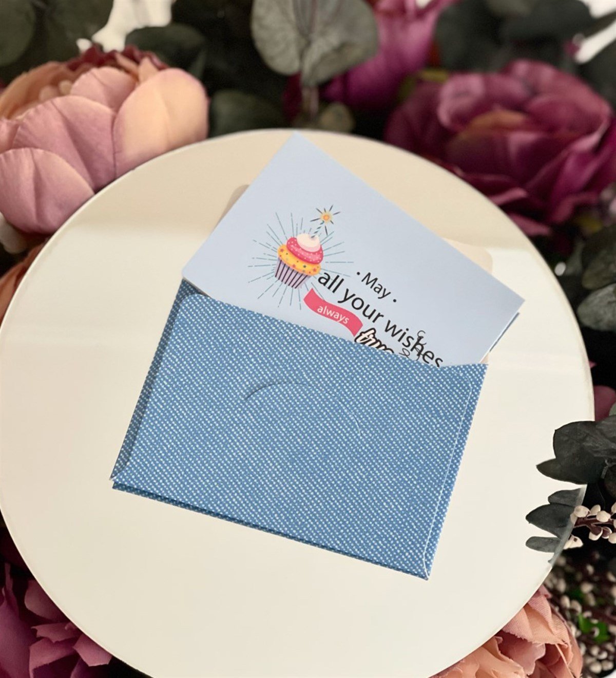 May All Your Wishes Tasarımlı Mavi Beyaz Zarflı Mesaj KartıgiftmodaGmmsj00019
