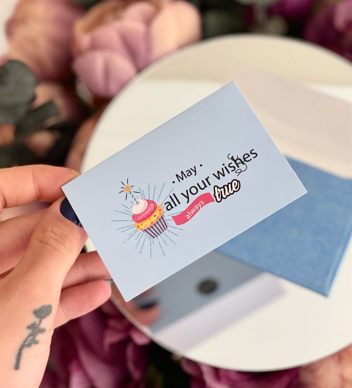 May All Your Wishes Tasarımlı Mavi Beyaz Zarflı Mesaj KartıgiftmodaGmmsj00019