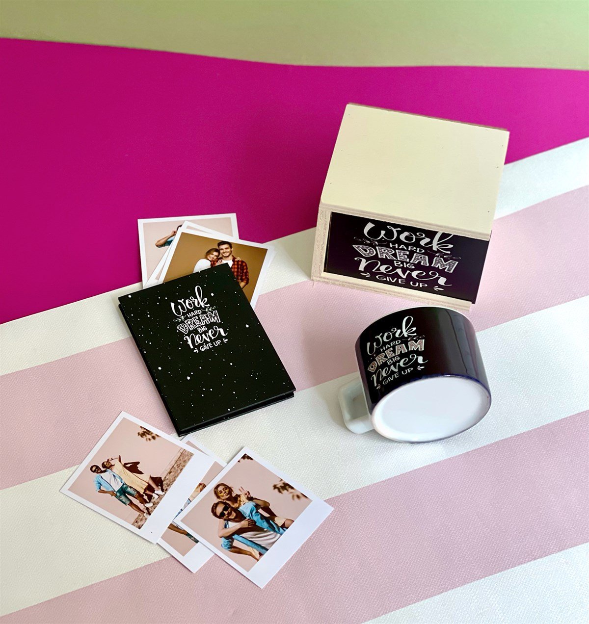 Kişiye Özel Fotoğraflı Work Hard Dream Tasarımlı Mini Fotoğraf Albümü ve Kutulu Kupa GiftmodaGmhs101077