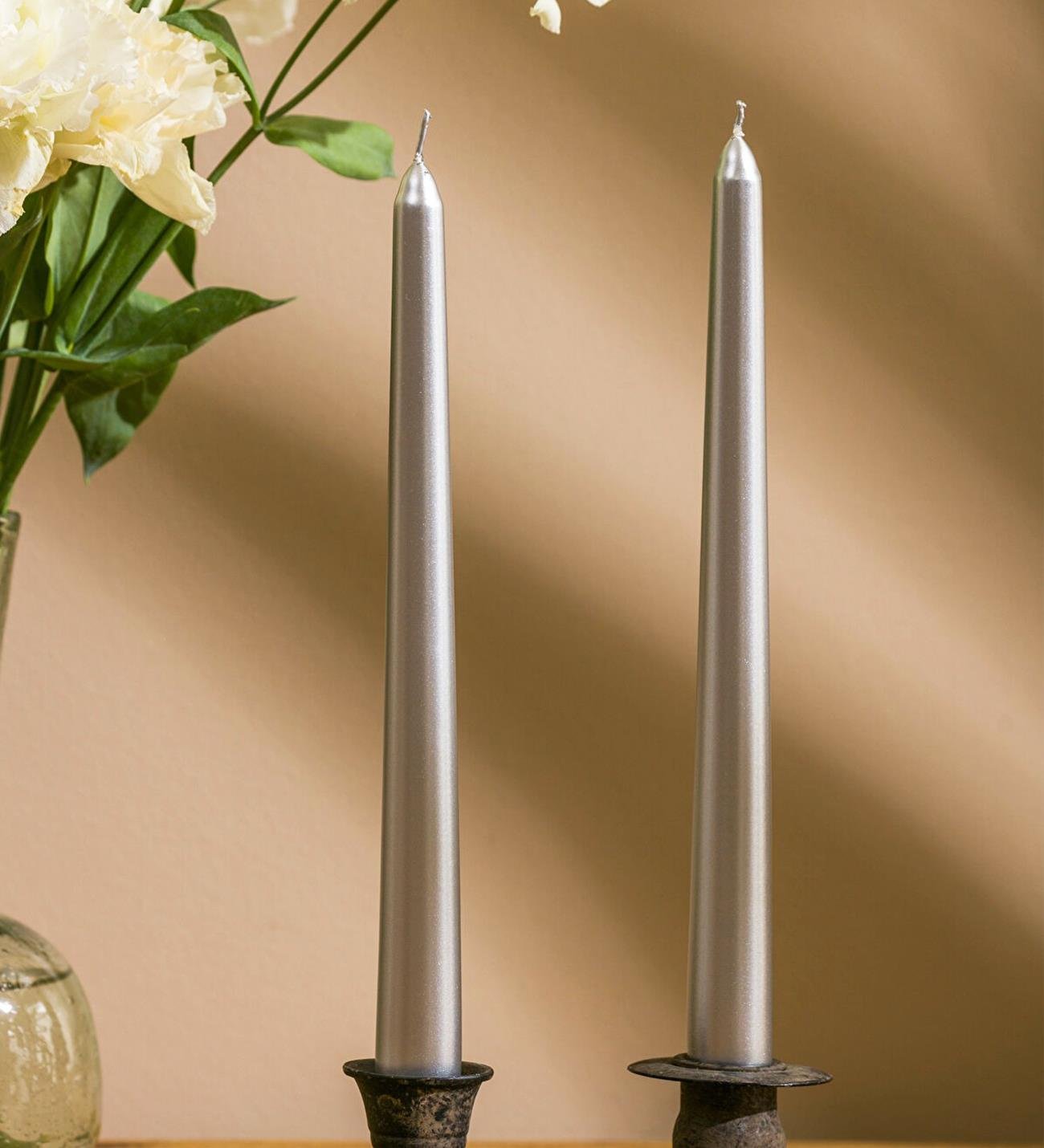 2'li Premium Metalik Gri Şamdan Mumu 25 CmgiftmodaBM-1726