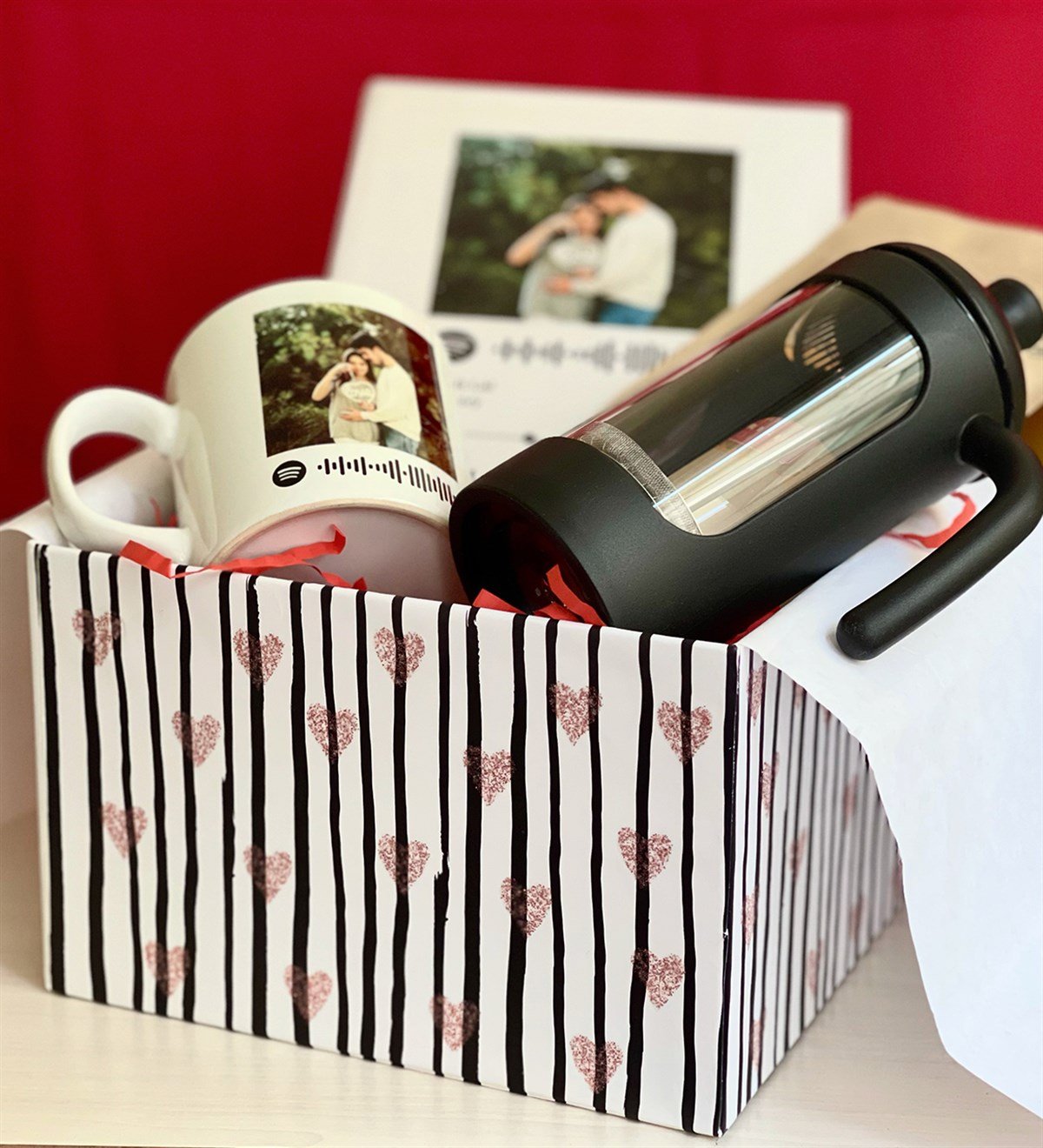 Özelleştirelebilir Spotify French Press & Filtre Kahveli Sevgiliye Hediye SetiGiftmodaGmhs100167