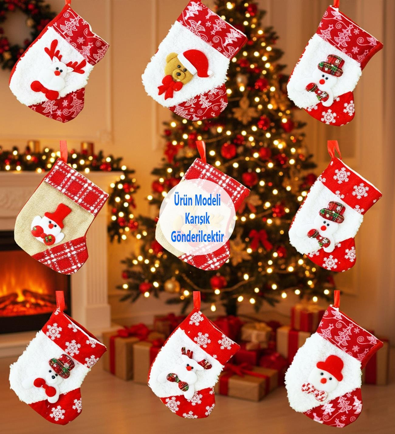 Yılbaşı Desenli Kırmızı Çorap Yılbaşı SüsügiftmodaBM-1740