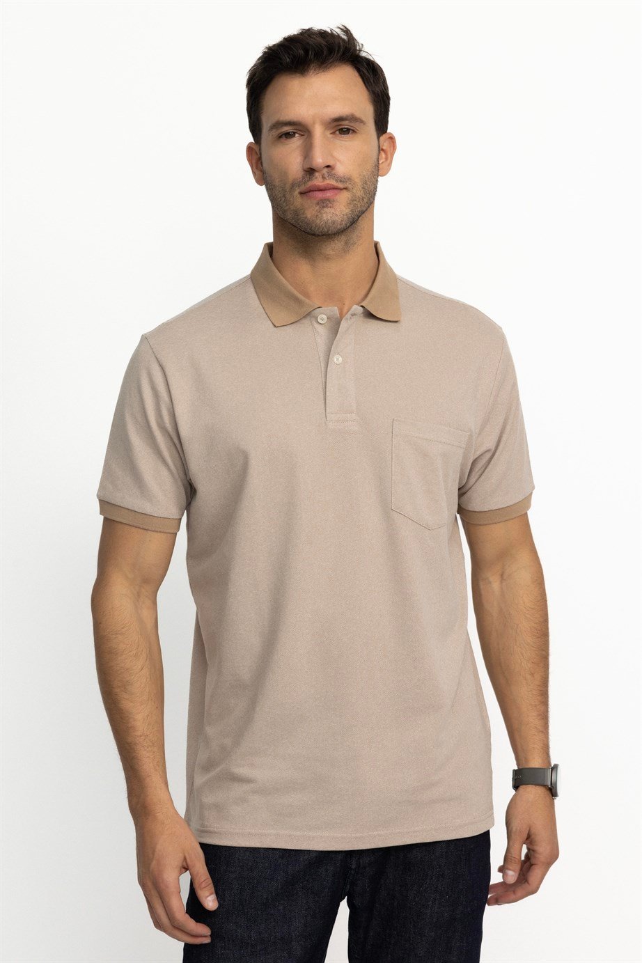 Erkek Polo Yaka Klasik Fit Düz Pamuklu Cepli Pike Tişört