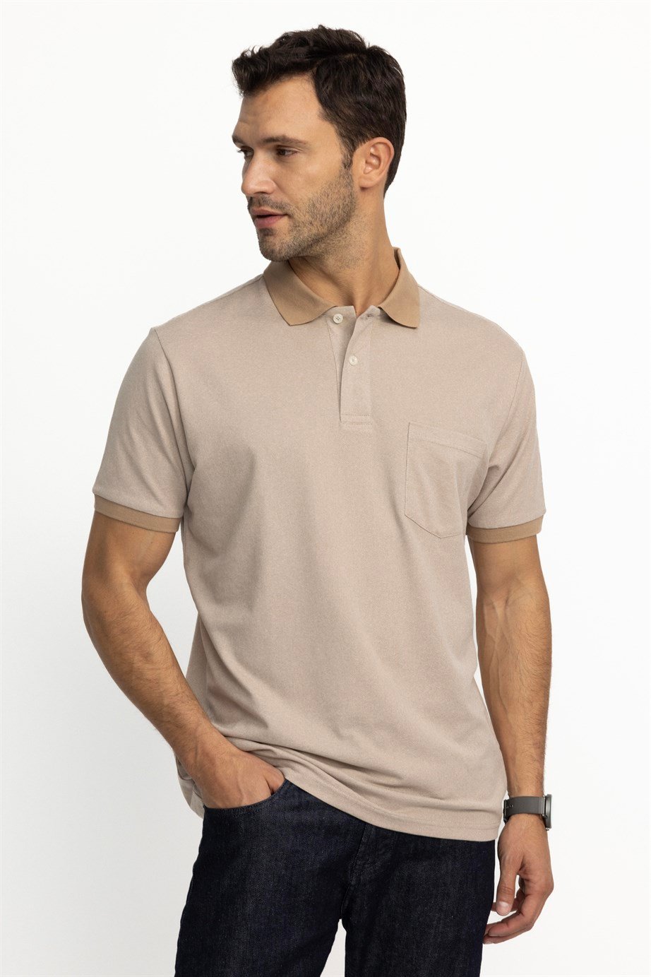 Erkek Polo Yaka Klasik Fit Düz Pamuklu Cepli Pike Tişört
