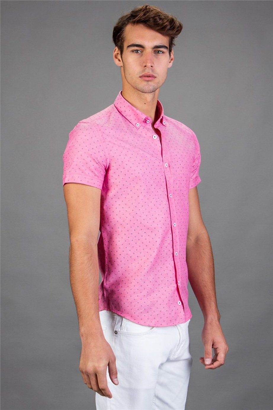 Slim Fit Dar Kesim Kısa Kol Desenli Erkek Gömlek