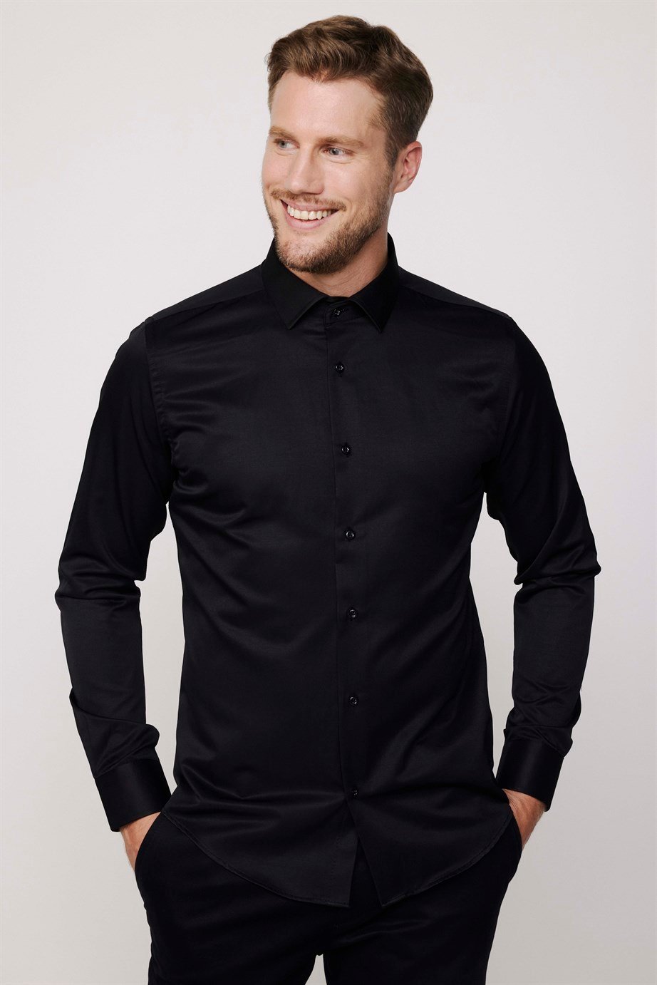 Slim Fit Pamuklu Düz Erkek Siyah Gömlek