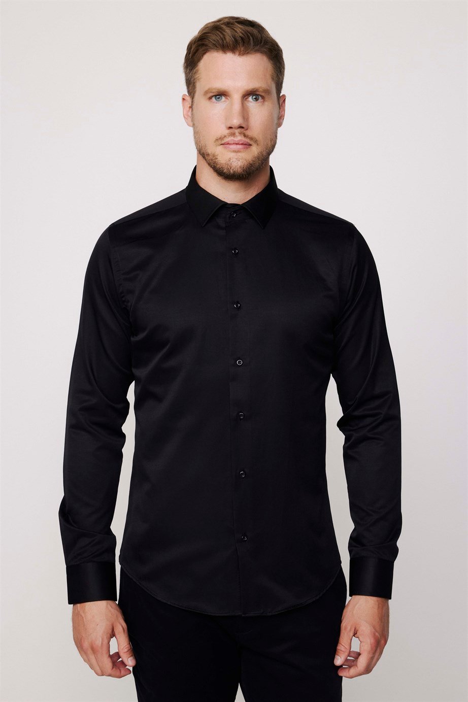 Slim Fit Pamuklu Düz Erkek Siyah Gömlek
