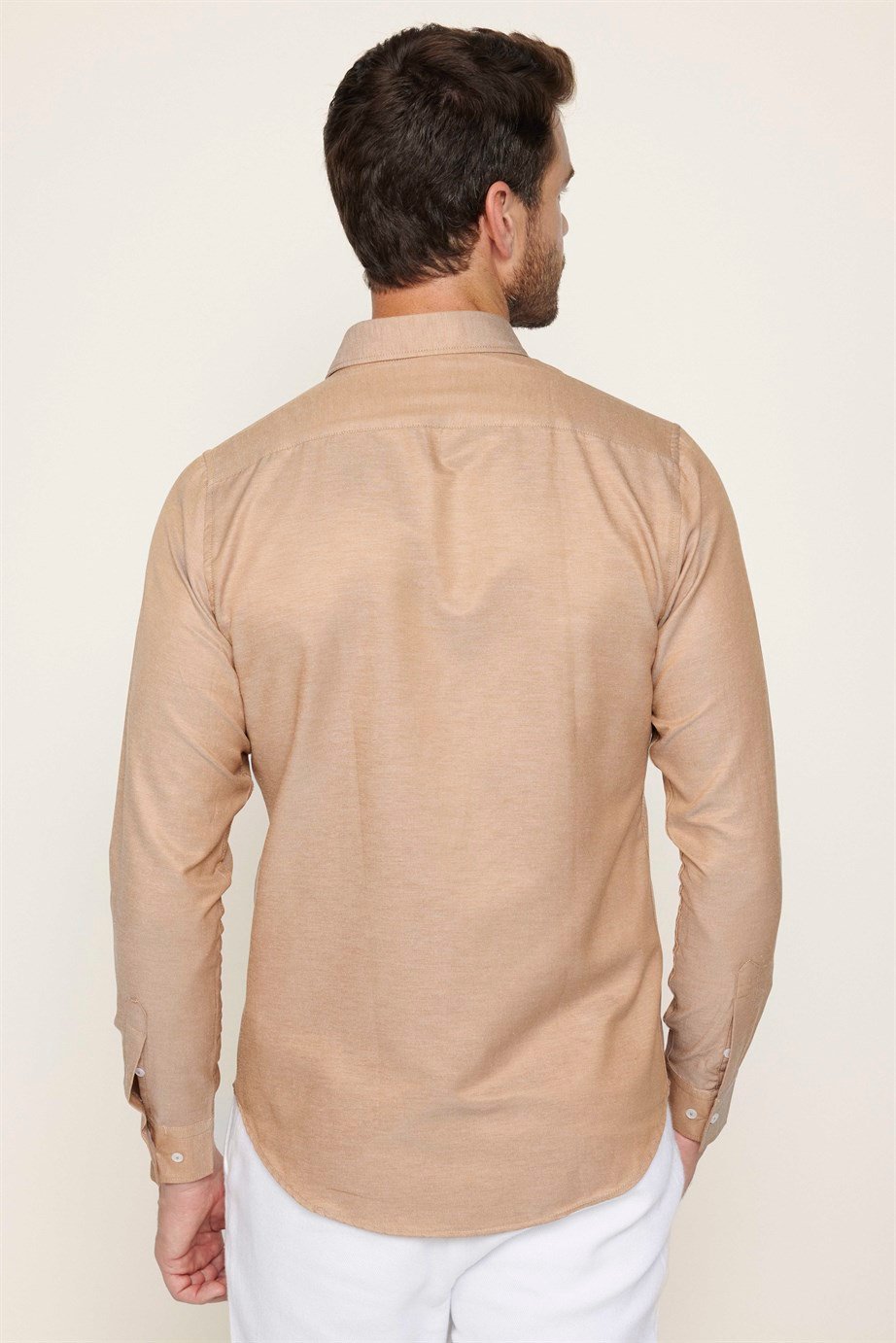 Slim Fit Pamuklu Kolay Ütü Düz Erkek Kum Gömlek
