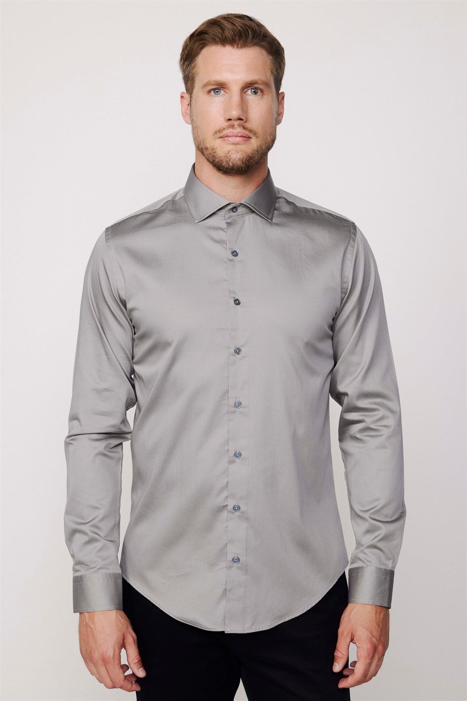Slim Fit Koton Saten Premium Seri Erkek Gri Gömlek