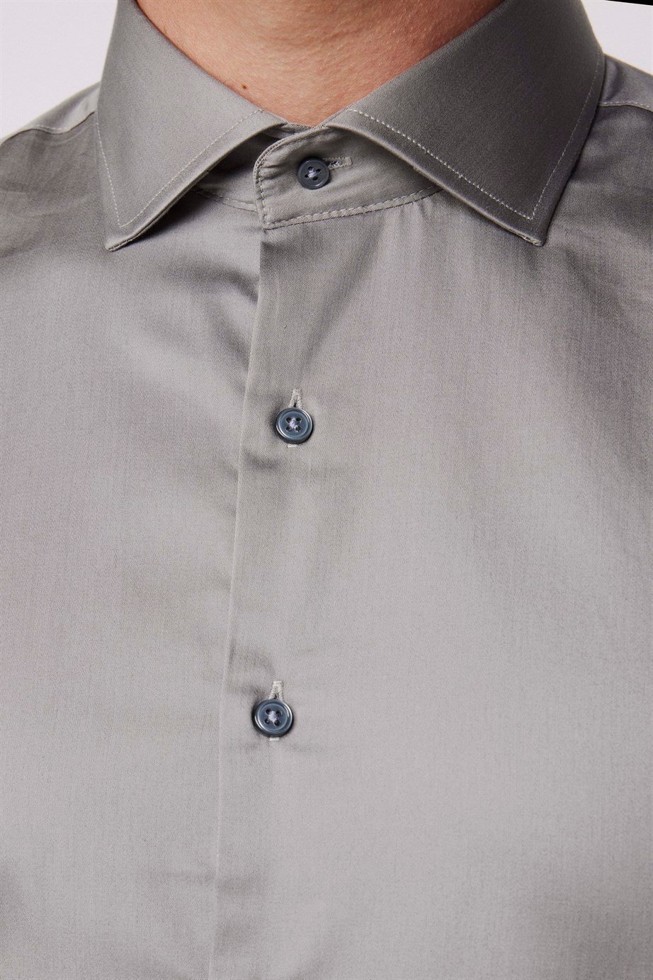 Slim Fit Koton Saten Premium Seri Erkek Gri Gömlek