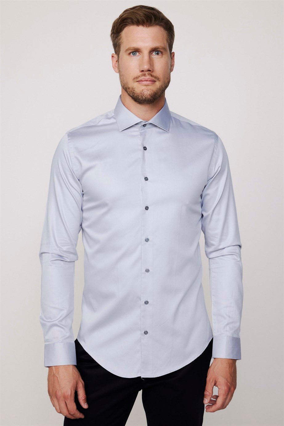 Slim Fit Koton Saten Premium Seri Erkek Gri Gömlek