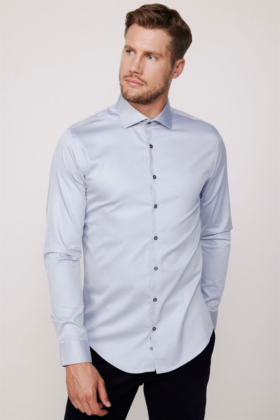 Slim Fit Koton Saten Premium Seri Erkek Gri Gömlek