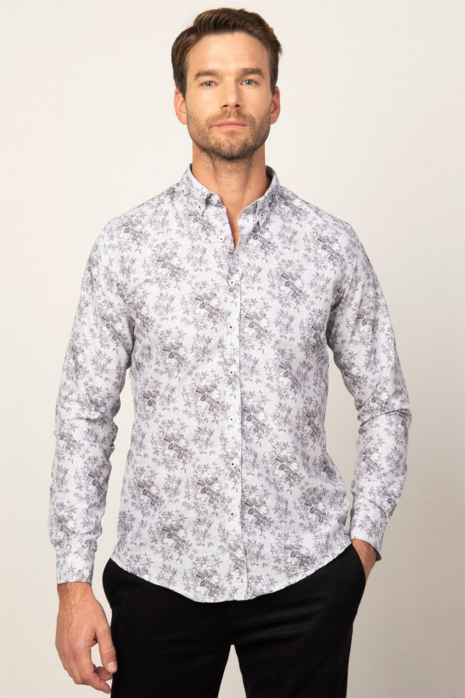 Slim Fit Uzun Kol Baskılı Desenli Yaka Düğmeli Erkek Gömlek