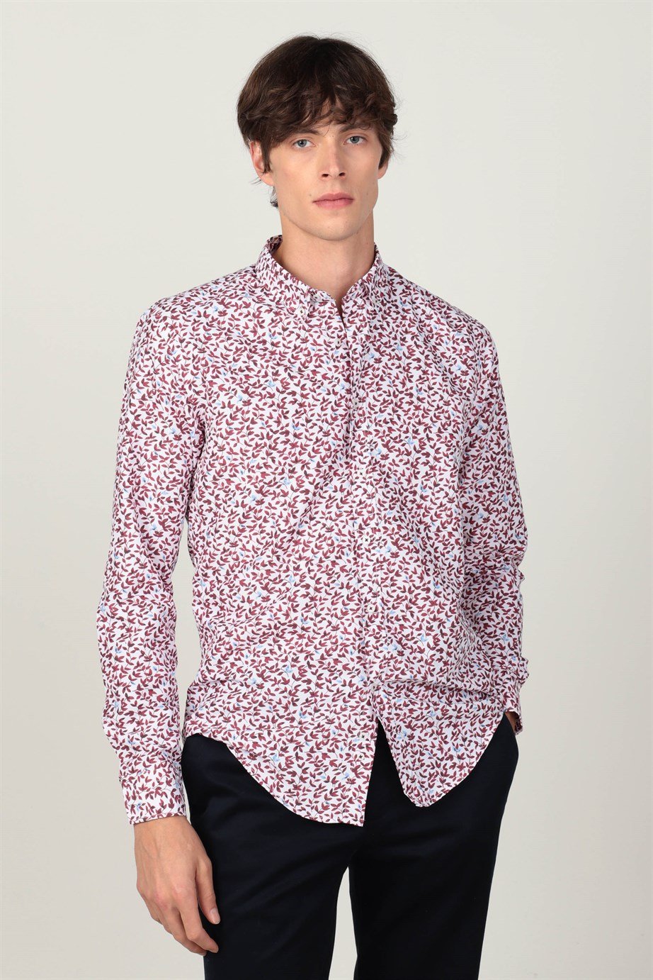 Slim Fit Uzun Kol Baskılı Desenli Yaka Düğmeli Erkek Gömlek