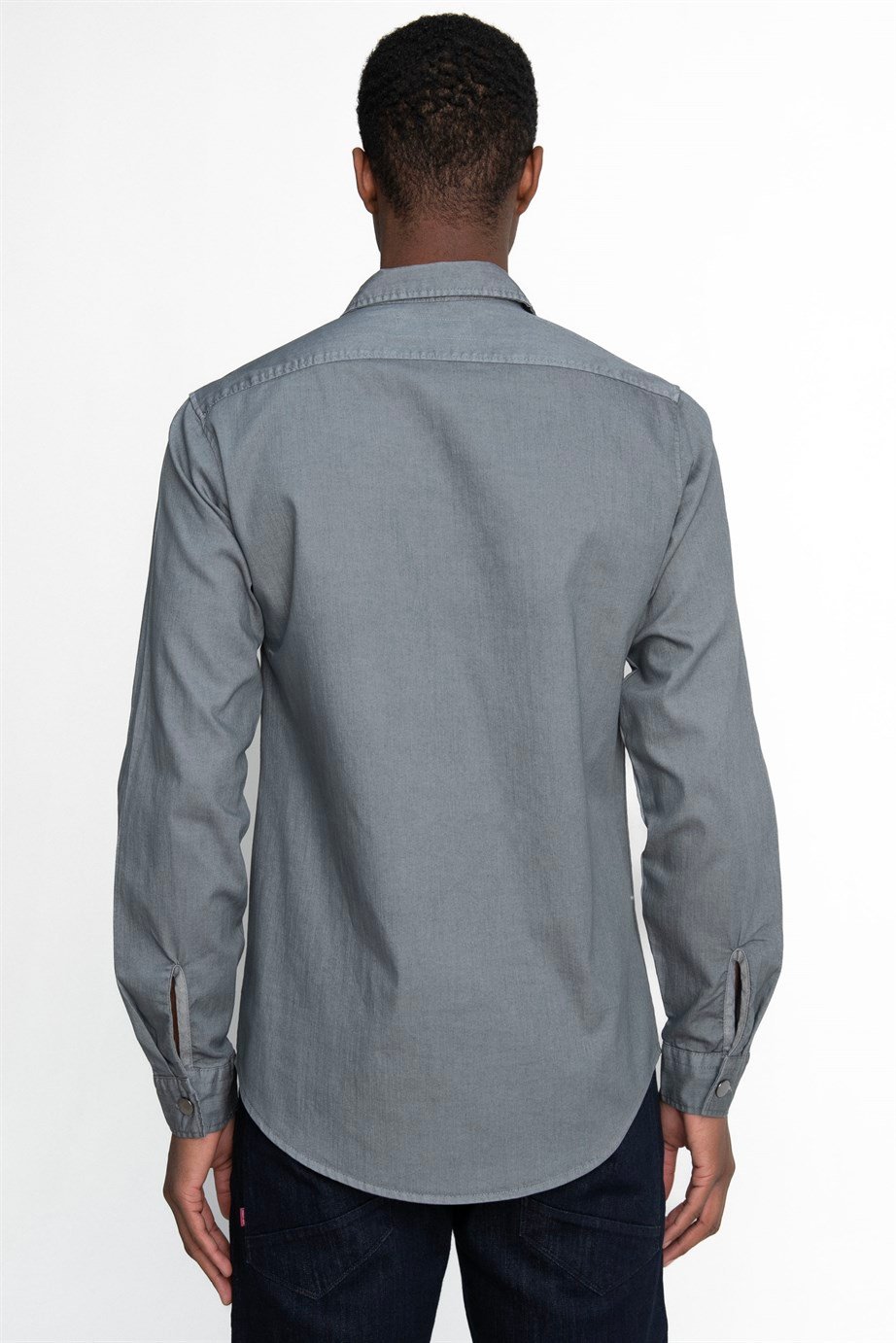 Slim Fit Uzun Kol Denim Parça Boyalı Çift Cep Kapaklı Metal Düğme Erkek Gömlek