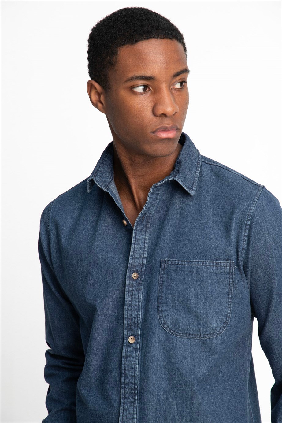 Slim Fit Uzun Kol Tek Cep Denim Kot Erkek Gömlek