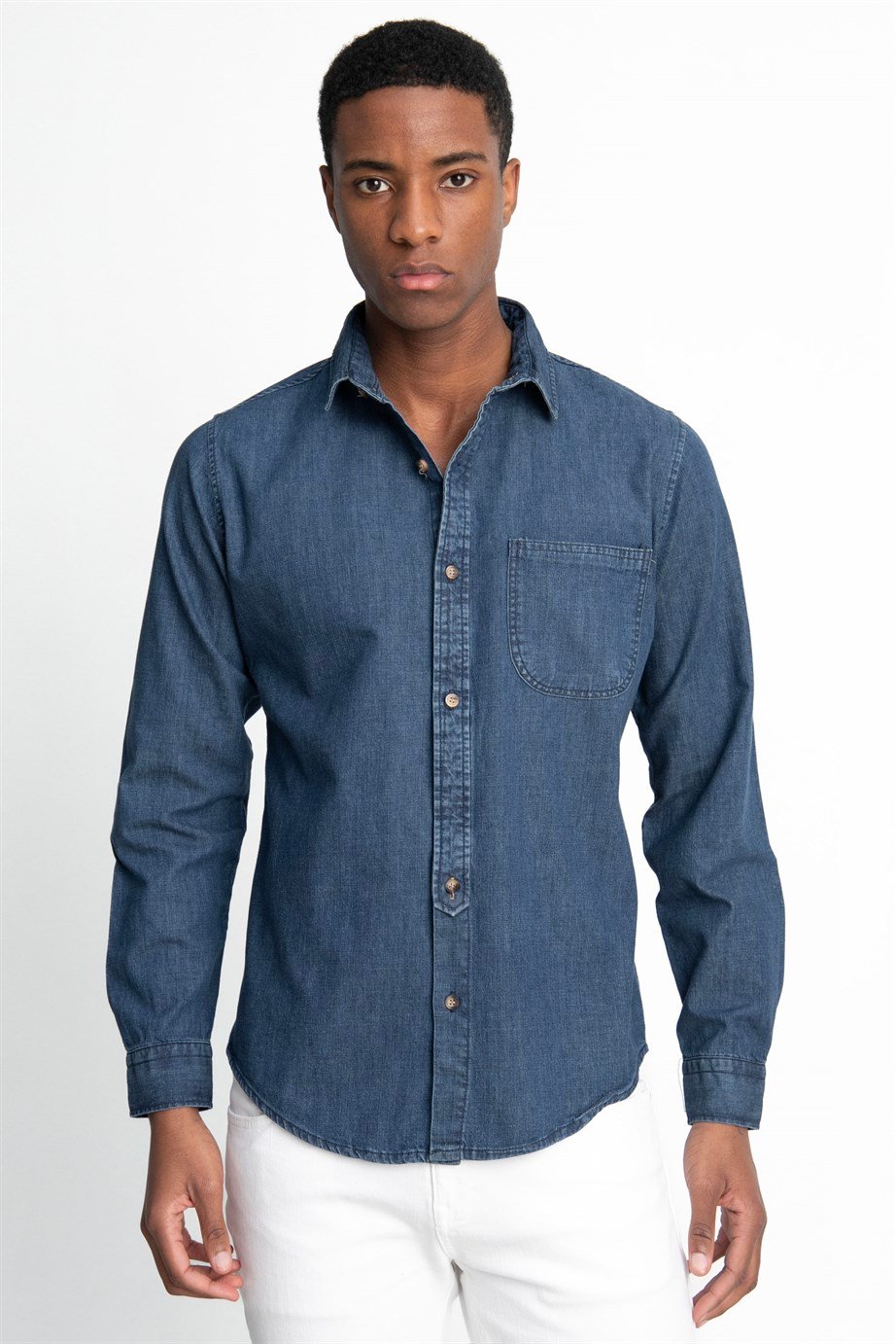 Slim Fit Uzun Kol Tek Cep Denim Kot Erkek Gömlek