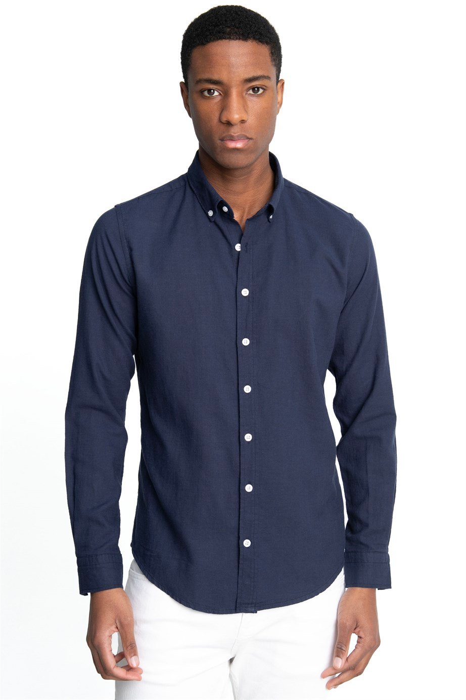 Slim Fit Uzun Kol Biyeli Yaka Düğmeli Keten Erkek Gömlek