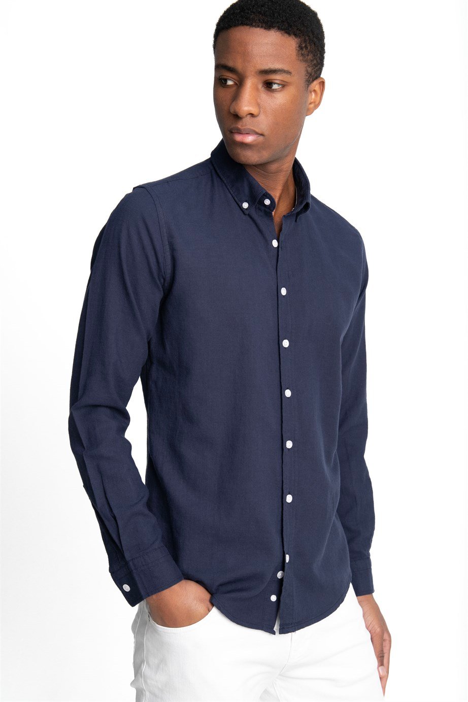Slim Fit Uzun Kol Biyeli Yaka Düğmeli Keten Erkek Gömlek