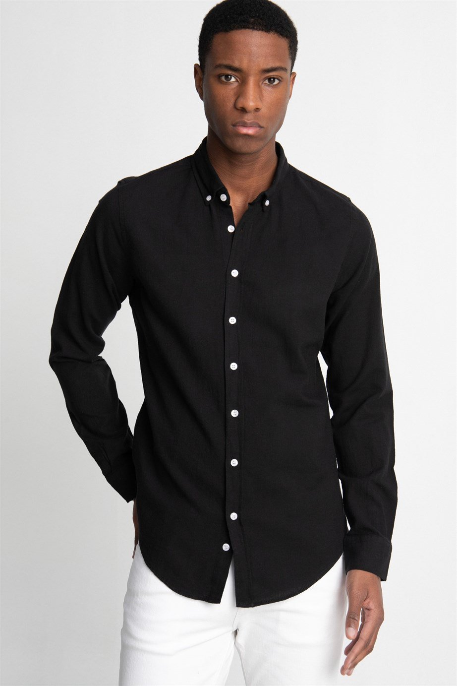 Slim Fit Uzun Kol Biyeli Yaka Düğmeli Keten Erkek Gömlek