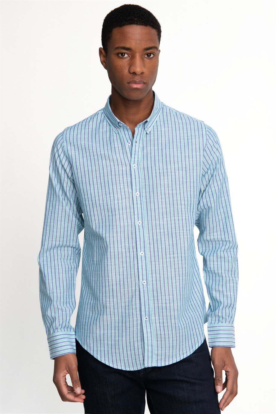 SLIM FIT LONG SLV STRIPE LINEN GENCO GÖMLEK