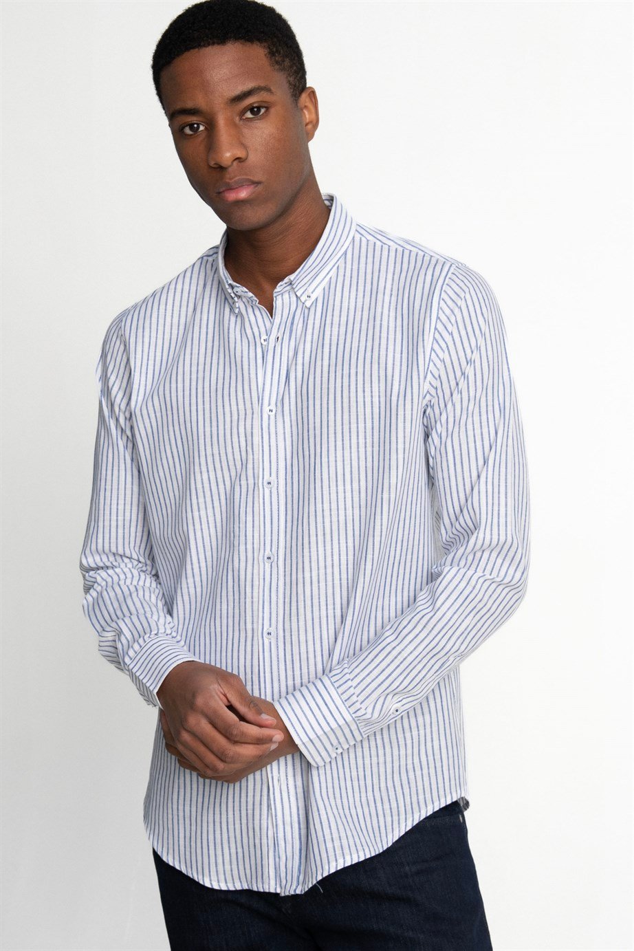 SLIM FIT LONG SLV STRIPE LINEN GENCO GÖMLEK
