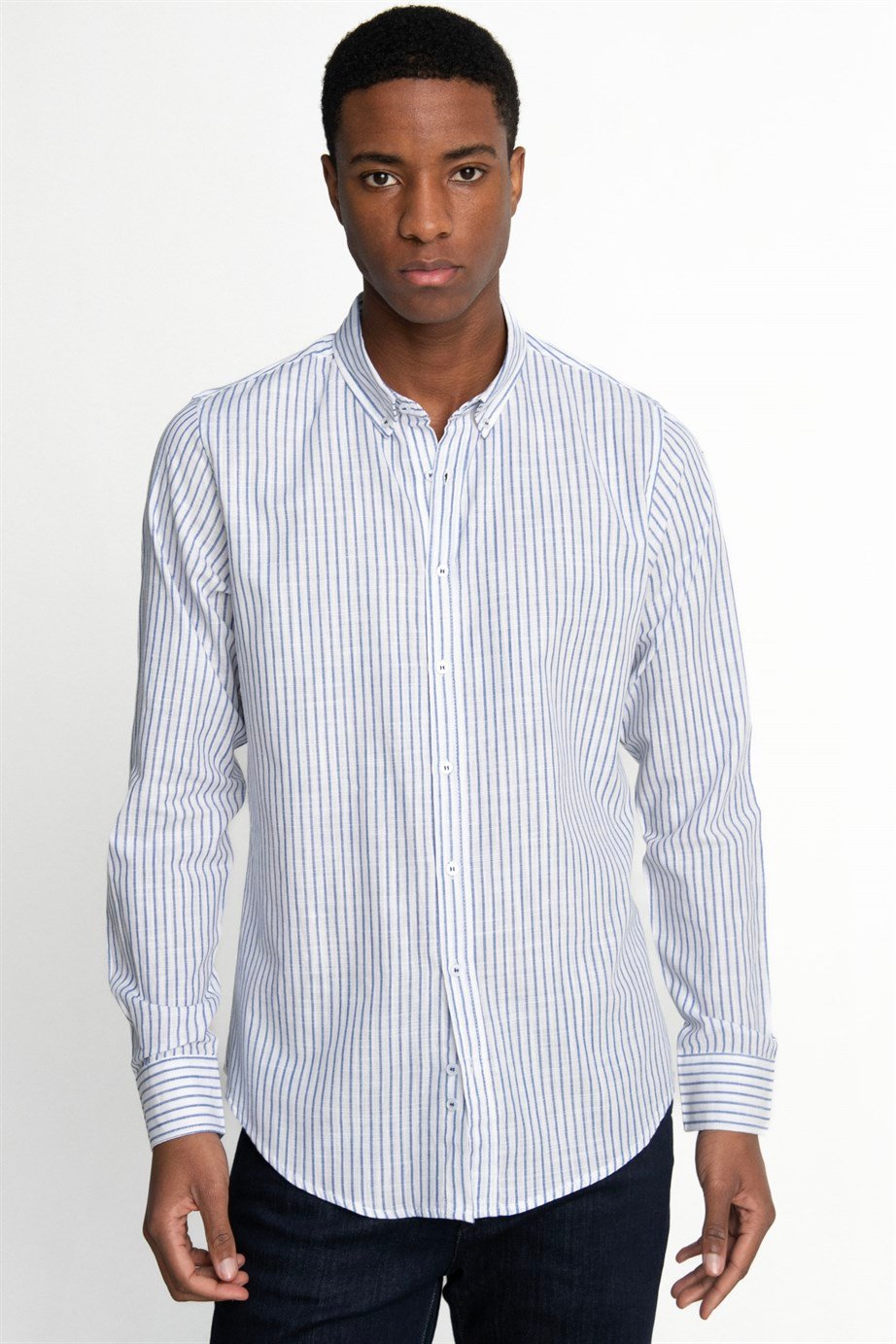 SLIM FIT LONG SLV STRIPE LINEN GENCO GÖMLEK