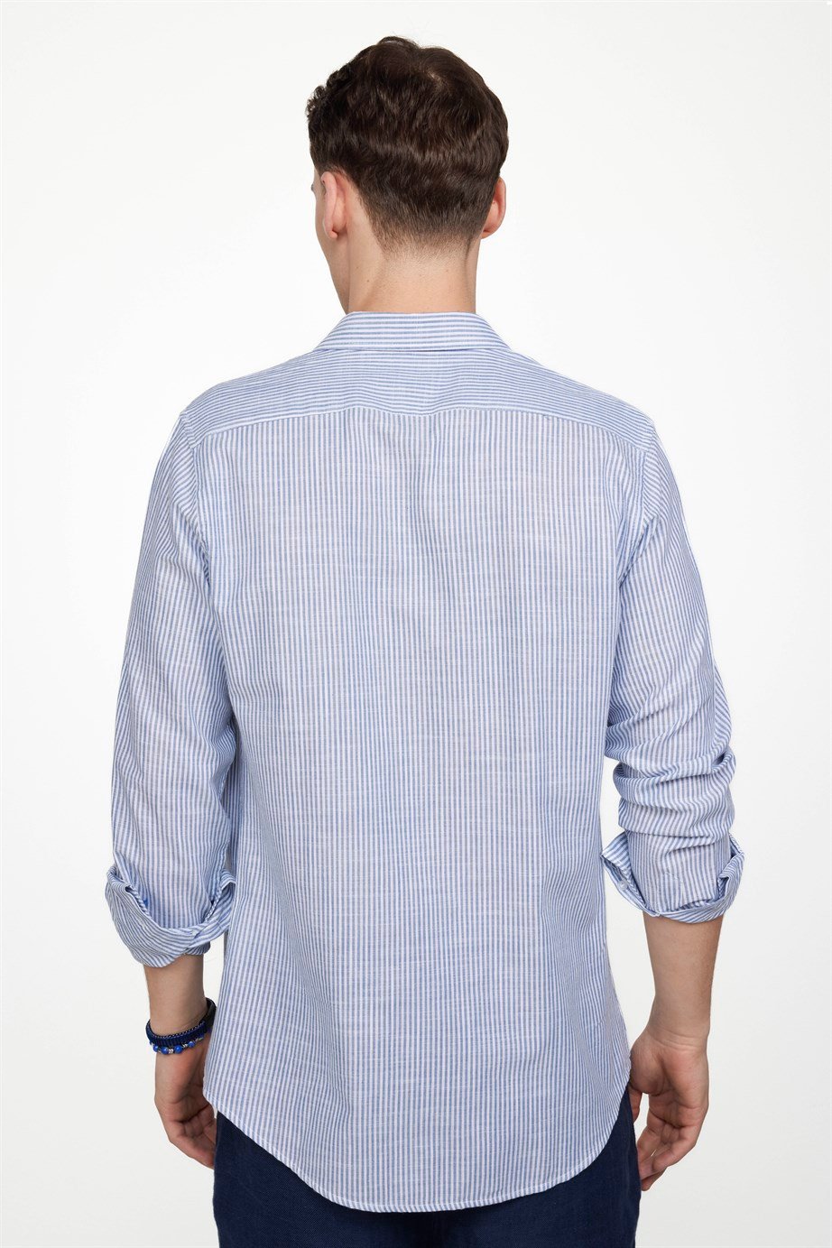 Slim Fit Uzun Kol Çizgili Yaka İçi Biyeli Ketenli Erkek Mavi Gömlek