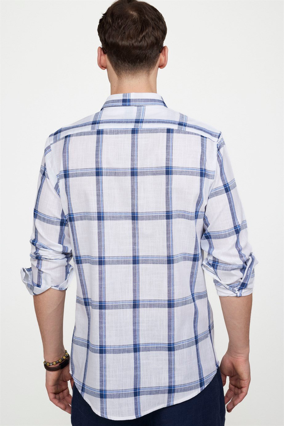 Slim Fit Uzun Kol Kareli Yaka Düğmeli Ketenli Erkek Gömlek
