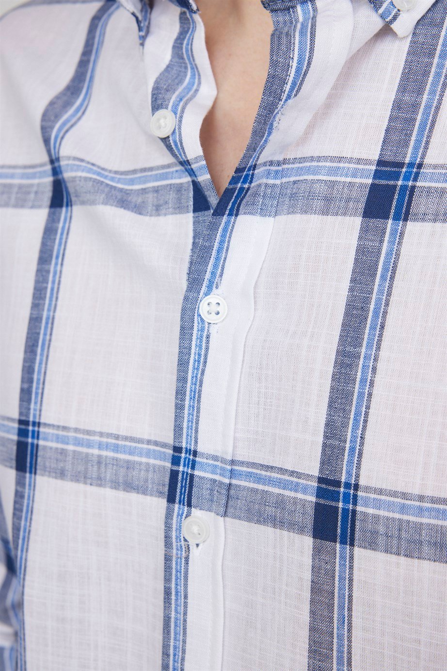 Slim Fit Uzun Kol Kareli Yaka Düğmeli Ketenli Erkek Gömlek